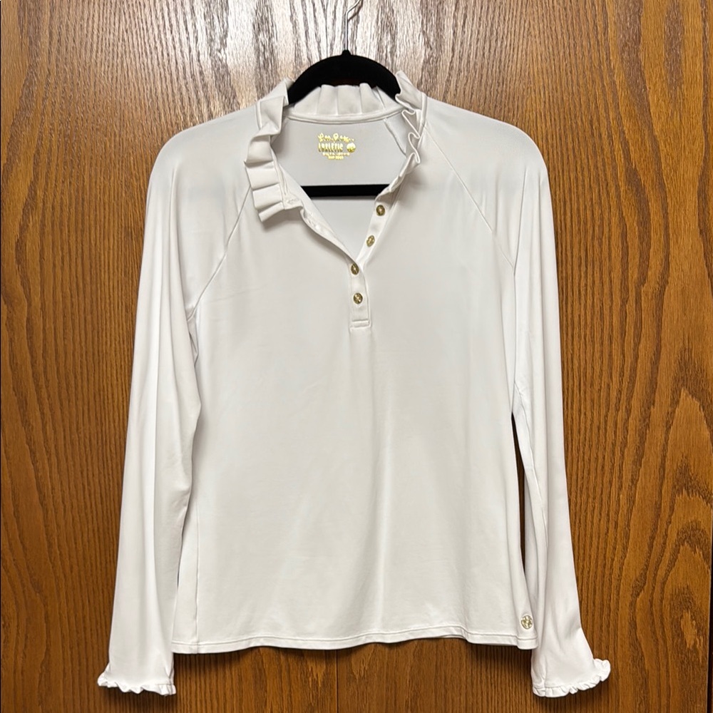 Lilly Pulitzer Cream Long Sleeve Ruffled Polo Blouse